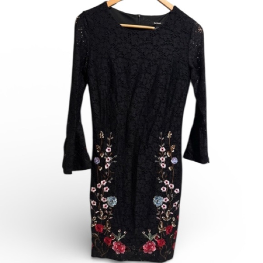 Desigual Black Dress Colorful Floral Embroidery lace bell sleeve at wrist US 4